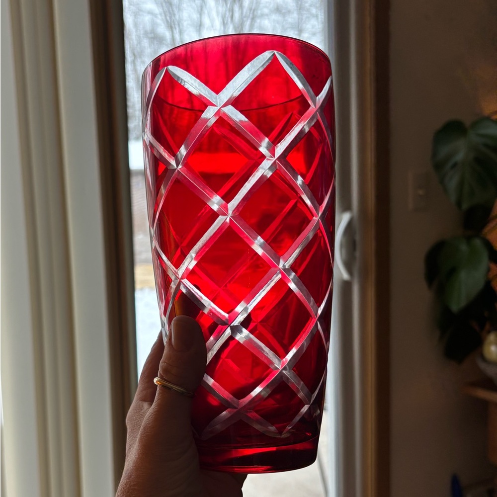 Ruby Red Cut-to-Clear Crystal Vase